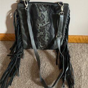 Black and Gray Textured Crossbody Bag with Fringe